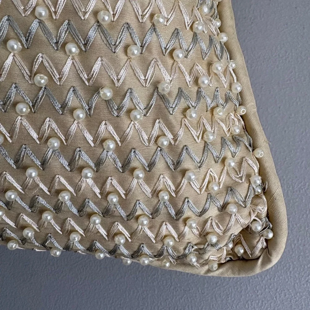 Gold Beaded Chevron Silk Throw Pillow Faux Pearl Embroidered Square Accent 16in